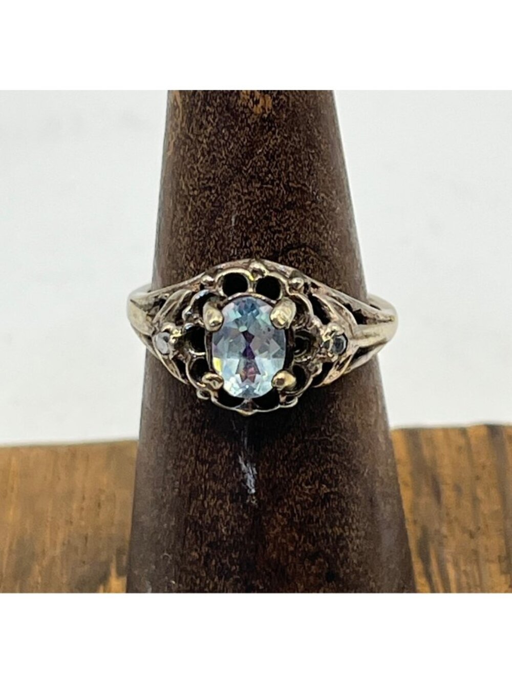 Sterling Silver 925 Ring With Aqua Stone & Diamond/Moissanite Side Stones Size 6
